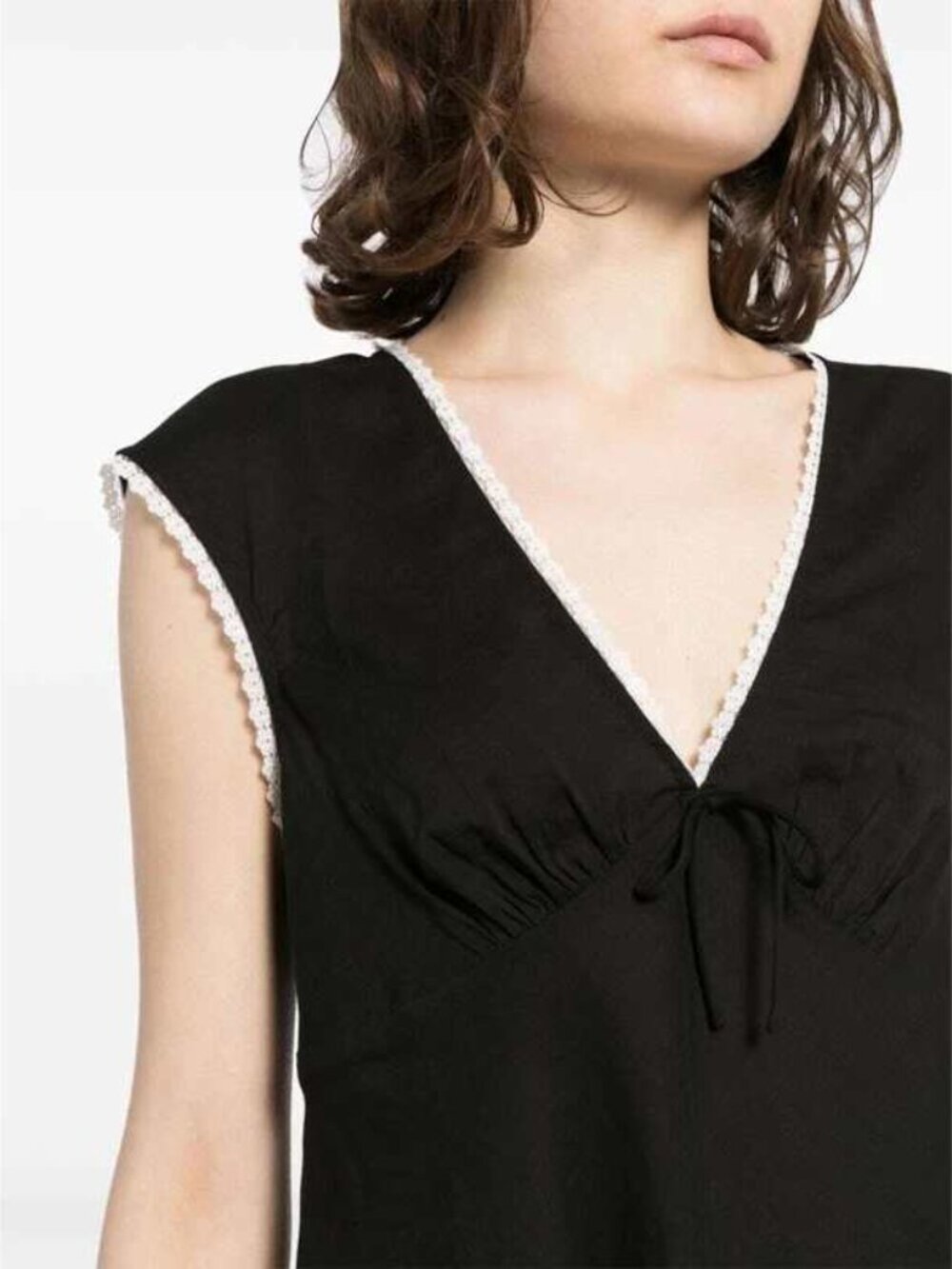 Reformation Cherry Top Black Lace Trim V Neck Tie Front 0 - Picture 3 of 12